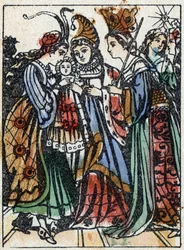 Illustrazione anonima per "La bella addormentata nel bosco", racconto di Charles Perrault (1628-1703), scrittore francese. Incisione su legno di Imaging Pellerin - Epinal, sd. Fine XIX secolo.