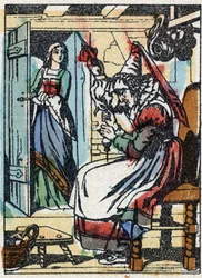 Illustrazione anonima per “La bella addormentata nel bosco”, racconto di Charles Perrault (1628-1703), scrittore francese. Incisione su legno di Imagery Pellerin - Epinal, fine XIX secolo.