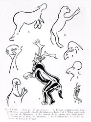 Figure antropoidi in grotte preistoriche, da Les Artistes Prehistoriques di Morin-Jean, 1933