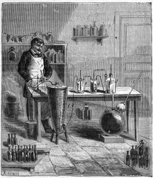 Apparecchio di Eugene Soubeyran (1797-1858) per la preparazione del bicarbonato di sodio - Incisione in 