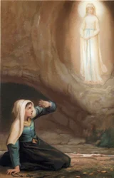 Apparizione della Vergine Maria a Bernadette Soubirous (1844-1879) nella grotta di Lourdes, Hautes Pyrenees (65)