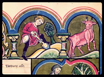 Aprile: Un contadino che scava, dal Salterio di Santa Elisabetta