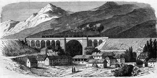 Architettura: vista del viadotto di Bellegarde (Rhone Alpes) sulla linea ferroviaria che collega Lione a Ginevra. 1858. Incisione in "Le Monde Illustré" n.49 del 20 marzo 1858.