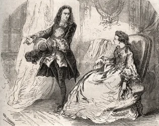 Armande Béjart (1641-1700), moglie di Jean-Baptiste Poquelin, detto Molière (1622-1673), con il suo amante, il conte di Guiche. Incisione del 1871 in «Histoire des Cocus Célèbres» di Henry de Kock (1819-1892).