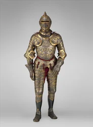 Armatura di Enrico II, re di Francia (regnò 1547-59), ca. 1555 (acciaio, oro, argento, cuoio, tessuto)