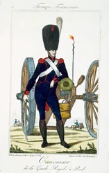 Artigliere della Guardia Reale con un cannone, da Troupes Francaises, pub. chez Basset, Parigi, c.1790