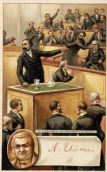 Assemblea che acclama Thiers, "liberatore del territorio" e ritratto in medaglione - cromolitografia, fine XIX secolo.