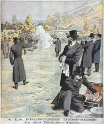 Alla frontiera spagnola, duello tra Paul Deroulede e Jean Jaures, illustrazione da Le Petit Journal: Supplement illustre, 18 dicembre 1904