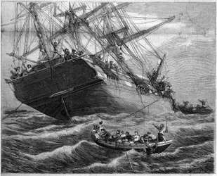 Attacco e saccheggio da parte dei pirati malesi dei tre alberi francesi “Pauline et Victoire” nello Stretto di Torres (Oceania), nel 1859. Disegno di Mr. Durant Brager. Incisione di Linton in “The Illustrous World” n°94 del 29 gennaio 1859