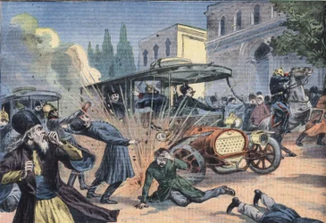 Attentato allo Scià di Persia Mohammad Ali Shah Qajar (1872-1925). Incisione dal giornale 