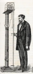 Macchina di Atwood inventata nel 1784 da George Atwood (1745-1807) - Incisione in "Sciences made available to all - Popular physics and chemistry" di Alexis Clerc - Fine XIX secolo - Collezione privata