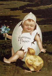 Bambino in un uovo accanto a un pulcino - cartolina di auguri per Pasqua
