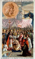 Battesimo e incoronazione di Clodoveo nella cattedrale di Reims, il 25 dicembre 496, da parte di san Remigio, vescovo di Reims.
