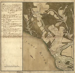 Battaglia di Green Spring, mappa della terra sulla riva sinistra del fiume James di fronte a Jamestown in Virginia dove si svolse la battaglia del 6 luglio