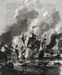 La Battaglia di Lagos fu una battaglia navale durante la Guerra dei Nove Anni il 27 giugno 1693 (incisione)