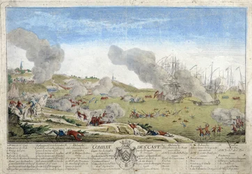 Battaglia di Saint Cast durante la quale le truppe francesi della Bretagna sconfissero gli inglesi nel 1758. Illustrazione conservata al Museo di Dinan.