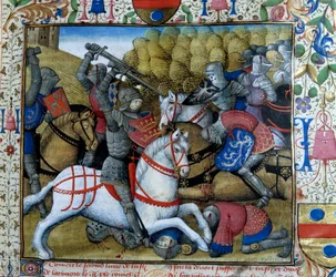 Battaglia di cavalieri Miniatura dal manoscritto "Il romanzo di Tristano" di Maestro Carlo del Maine