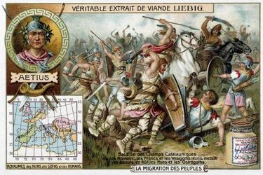 Battaglia dei Campi Catalaunici, dove i Romani, i Franchi e i Visigoti sconfissero insieme gli Unni e gli Ostrogoti nel 451. Ritratto del generale romano Ezio - Vignetta pubblicitaria Liebig