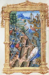 Scena di battaglia tra arcieri e cavalleria, con castello e navi, c.1495-1500