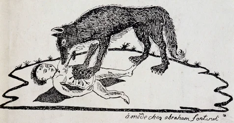Bestia che strappa un bambino (bestia del Gévaudan) - incisione su legno pubblicata a Mende (Archives du Puy-de-Dôme)