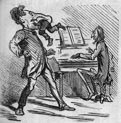 Prima di cantare la musica del signor Offenbach, il tenore Hyacinthe viene colpito per dare sollievo alle sue note alte. Il compositore francese naturalizzato tedesco Jacques Offenbach (1819-1880) suona il piano e Louis Hyacinthe Duflost, detto Hyacinthe