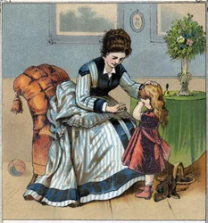 Berthe piange perché si è punta un dito mentre cuciva. Sua madre la rimprovera per aver dimenticato di usare il ditale. Cromolitografia tratta da "Scènes enfantines". pubblicata da Guerin - Muller intorno al 1885