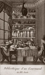 Biblioteca di un buongustaio del XIX secolo - incisione in "Almanach des gourmands, servendo come guida nei modi per fare eccellente caro. Di un vecchio amatore" di Alexandre Balthazar Laurent Grimod de la Reyniere - 1804-1812