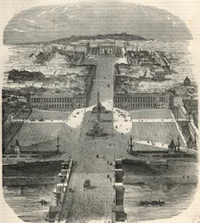 Veduta aerea di Place de la Concorde, rue Royale con la chiesa della Madeleine - Incisione in 