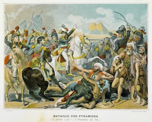 Bonaparte (al centro) e le sue truppe durante la Battaglia delle Piramidi il 21 luglio 1798.