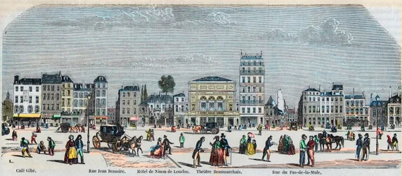 Boulevard Beaumarchais lato sud - Café Gibe - Hotel de Ninon de Laclos - Théâtre Beaumarchais - Rue pas de la mule - Incisione in "Tableau-de-Paris" di Edmond Texier 1852