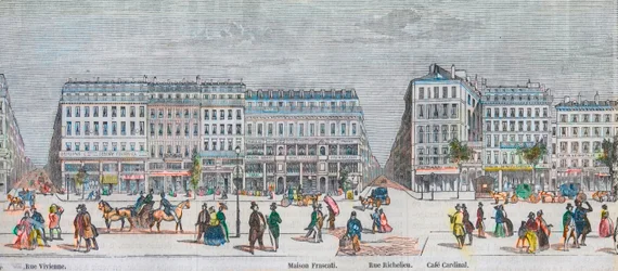 Boulevard Montmartre lato sud e boulevard des Italiens lato sud - Rue Vivienne - Maison Frascati - Rue Richelieu - Café Cardinal - incisione in 