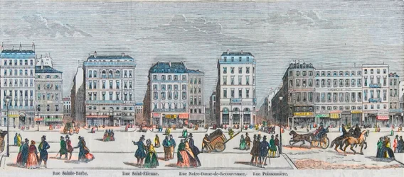Boulevard Poissonnière - Rue Saint-Barbe - Rue Saint-Étienne - Rue Notre-Dame de Reouvrance - Rue Poissonnière - incisione in 