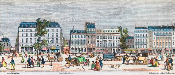 Boulevard Poissonnière lato sud - Rue du Sentier - Rue Saint Fiacre - Incisione in "Tableau-de-Paris" di Edmond Texier 1852