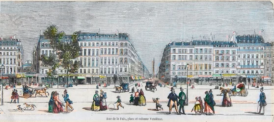 Boulevard des Capucines (Costa Sud) - Rue de la Paix, piazza e colonna Vendôme - incisione in 