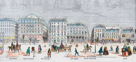 Boulevard des Italiens lato sud - Rue Favart - Opera comique - Rue Marivaux - cafe Anglais - Rue Grammont - Bazar - Incisione in 