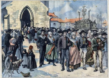 Usanza bretone: Matrimonio tradizionale a Plougastel (Finistere, Bretagna). Gli sposi escono dalla chiesa. Incisione in "Le Petro Parisien"