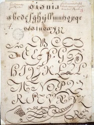 Calligrafia: Pezzo manoscritto di tondo su velina adornato con arabeschi intorno al 1813 da Sebastien Royllet. Biblioteca Storica della Città di Parigi
