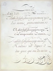 Calligrafia: Pezzo manoscritto che rappresenta il principio di tre scritture francesi, verso la fine del XVIII secolo di André Tardieu.