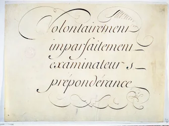 Calligrafia: pezzo manoscritto intorno al 1670 di Andre Francois Roland. "intenzionalmente, imperfettamente, esaminatori, preponderanza"