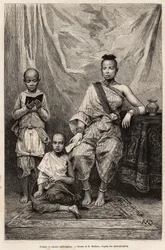 Donna cambogiana e bambini, incisione dopo un disegno di D.Maillart, illustrante il viaggio in Cocincina, del dottor Morice, nel 1872, pubblicato in 