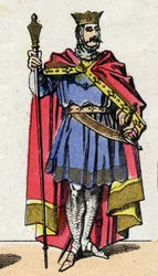 Dinastia capetingia: Ritratto di Ugo Capeto (940-996) Re dei Franchi dal 987 al 996. Immagine di Epinal della fine del XIX secolo. Collezione privata.