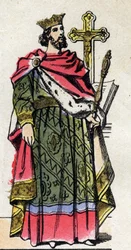 Dinastia capetingia: Ritratto di Roberto II il Pio, re dei Franchi dal 996 al 1031. Immagine di Epinal della fine del XIX secolo. Collezione privata.