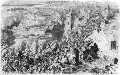 Cattura di Lagny da parte di Farnese nel 1590, dopo una vecchia incisione. In "Histoire Populaire de la France", sd. circa 1885. Incisione.