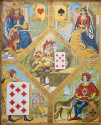 Gioco di carte, piatto con Re di cuori, Regina di picche, Dieci di quadri e Fante di fiori, nano Lindoro con Sette di quadri al centro, Francia