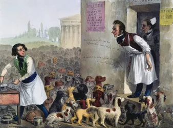 Caricatura di parigini alle prese con cani rabbiosi, ca. 1840