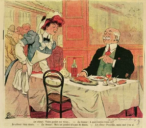 Caricatura di cliente e cameriera in un ristorante, c.1905
