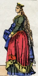 Dinastia carolingia: Ritratto di Giuditta di Baviera, regina dei Franchi, moglie di Ludovico I detto il Pio. Immagine di Epinal della fine del XIX secolo. Collezione privata.