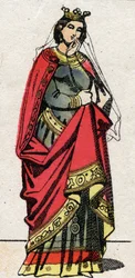 Dinastia carolingia: Ritratto di Adelaide del Friuli (o Aelis, ca. 850-901) Regina dei Franchi, moglie di Luigi II il Balbo (846-879). Immagine di Epinal fine XIX secolo. Collezione privata