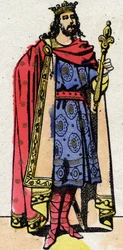 Dinastia carolingia: Ritratto di Carlo III detto il Semplice, re dei Franchi dal 898 al 922. Immagine di Epinal della fine del XIX secolo. Collezione privata.