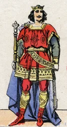 Dinastia carolingia: Ritratto di Luigi II il Balbo, re dei Franchi dal 877 al 879. Immagine di Epinal della fine del XIX secolo. Collezione privata.